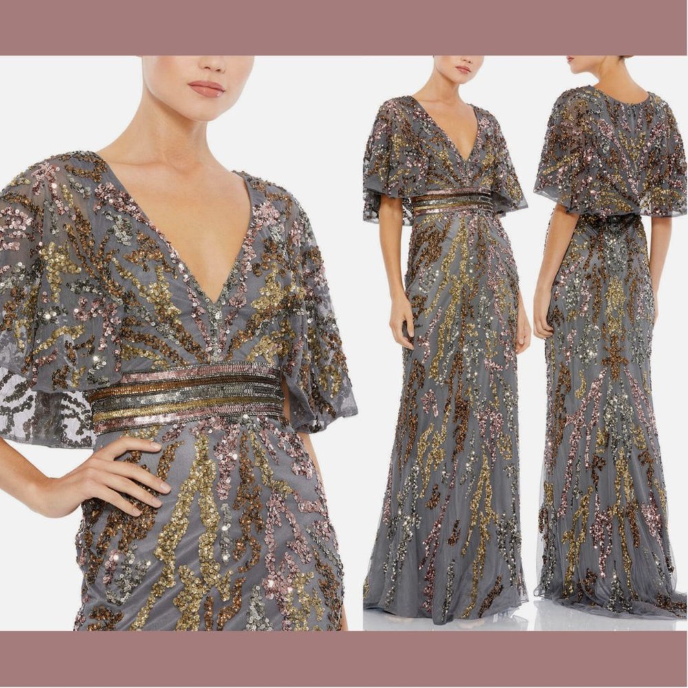 NWT $698‎ Mac Duggal [ 8 ] Cape Sleeve Embellished Gown in Charcoal Multi Gold